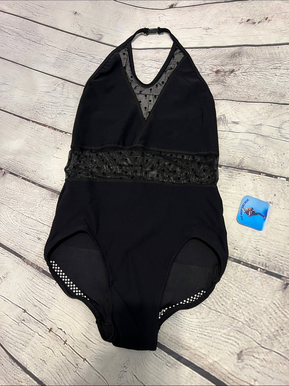 Bluewater dancewear LC Girls' Black leotard halter polka dot Mesh accents